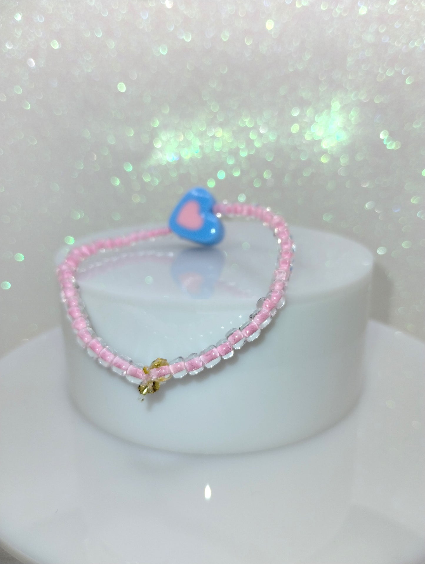 Micro Bead Bracelet w/Pink & Blue Heart Charm
