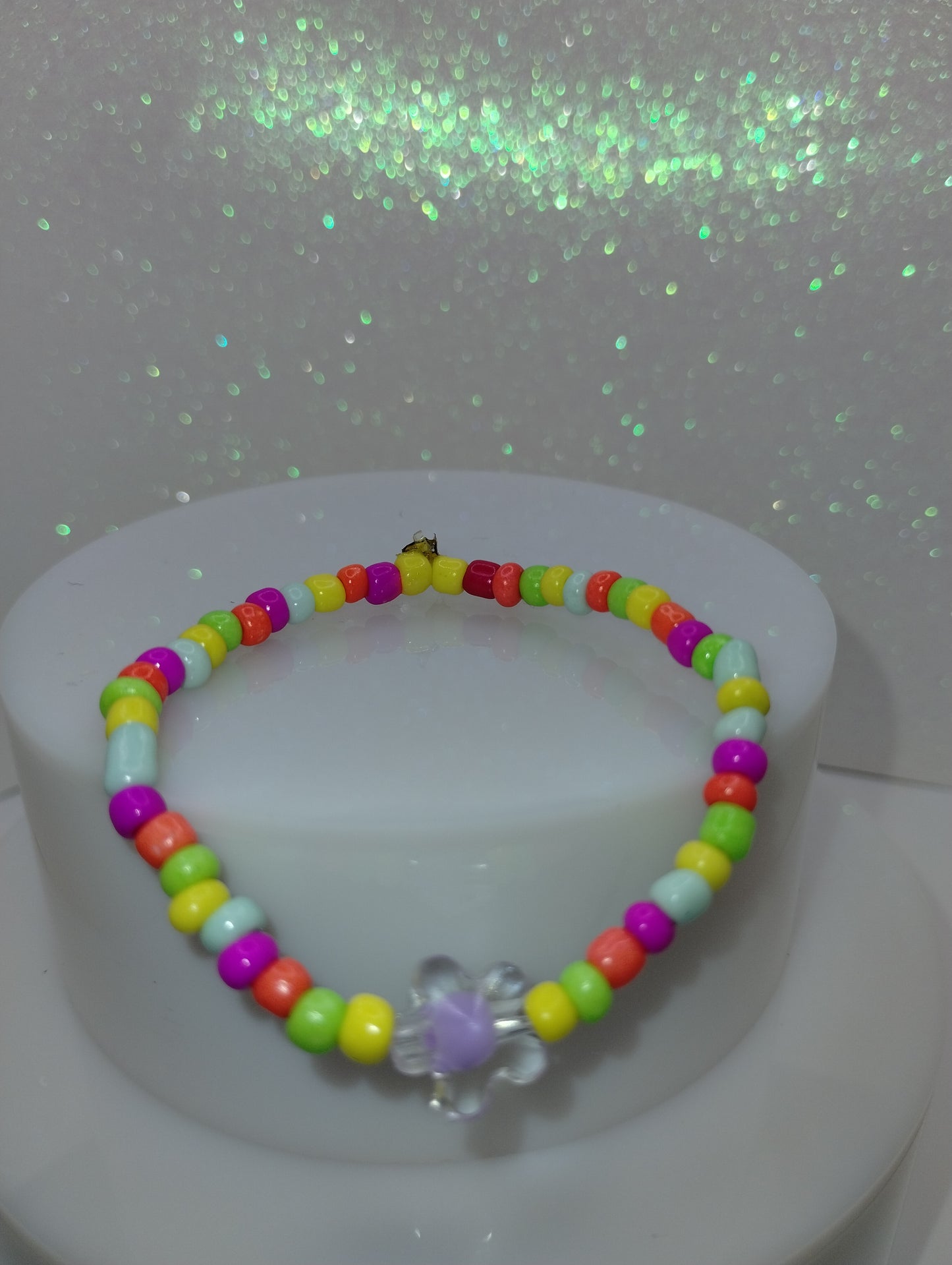 Micro Bead Bracelet w/Purple Flower Charm